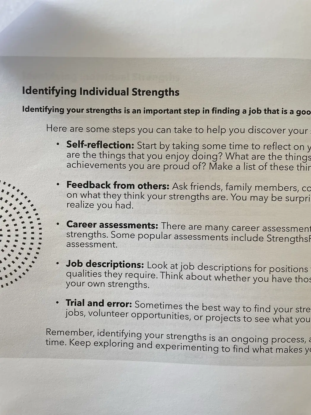 A life skills workshop handout titled Identifying Individual Strengths