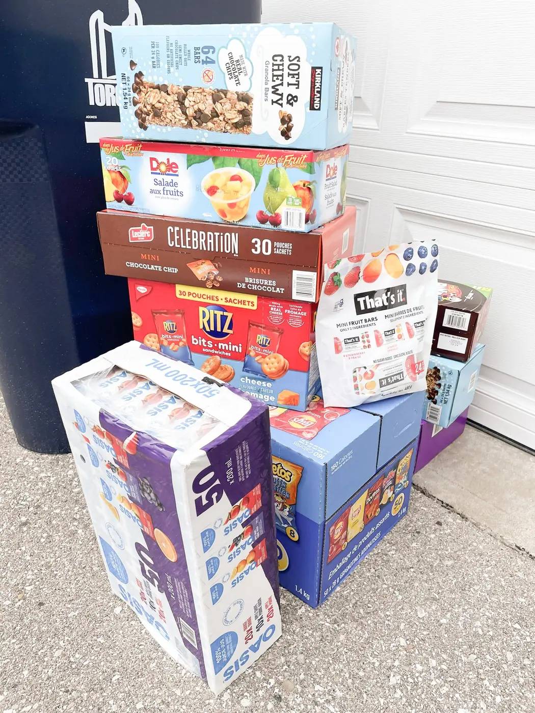 A tower of snack boxes donated for Project Lunchbox